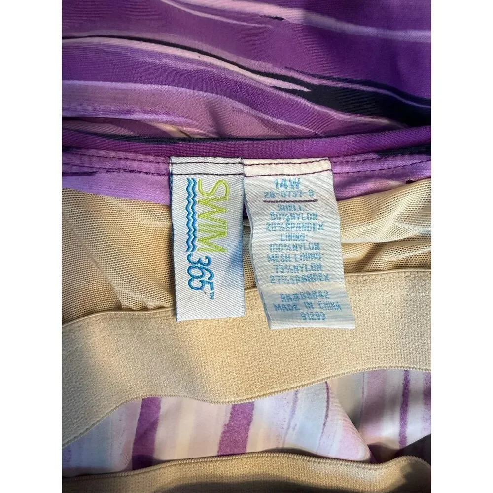 Swim 365 Women's Striped Side Tie Blouson Swim Tankini Top Purple Size 14W